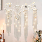 Woven Dream Catcher Wall Decor, Four-Piece Set with Cream Moon, Star and Ring Forms plus Tassels