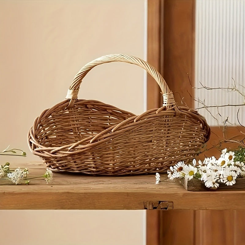 Seagrass Wicker Storage Basket with Handles, Handwoven Oval Farmhouse Organizer in Single-Piece Format