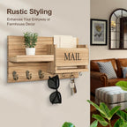 Wall Mounted Storage Rack with Mail Slot – Rustic Wood Floating Shelf with Hooks for Keys, Hats & Envelopes, Decorative Organizer for Entryway, Porch, Bedroom, Bathroom & Living Room