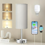Table Lamp with Burlap Drum Shade, Wood Base, Three-Way Touch Dimming, USB-C Port and AC Outlet