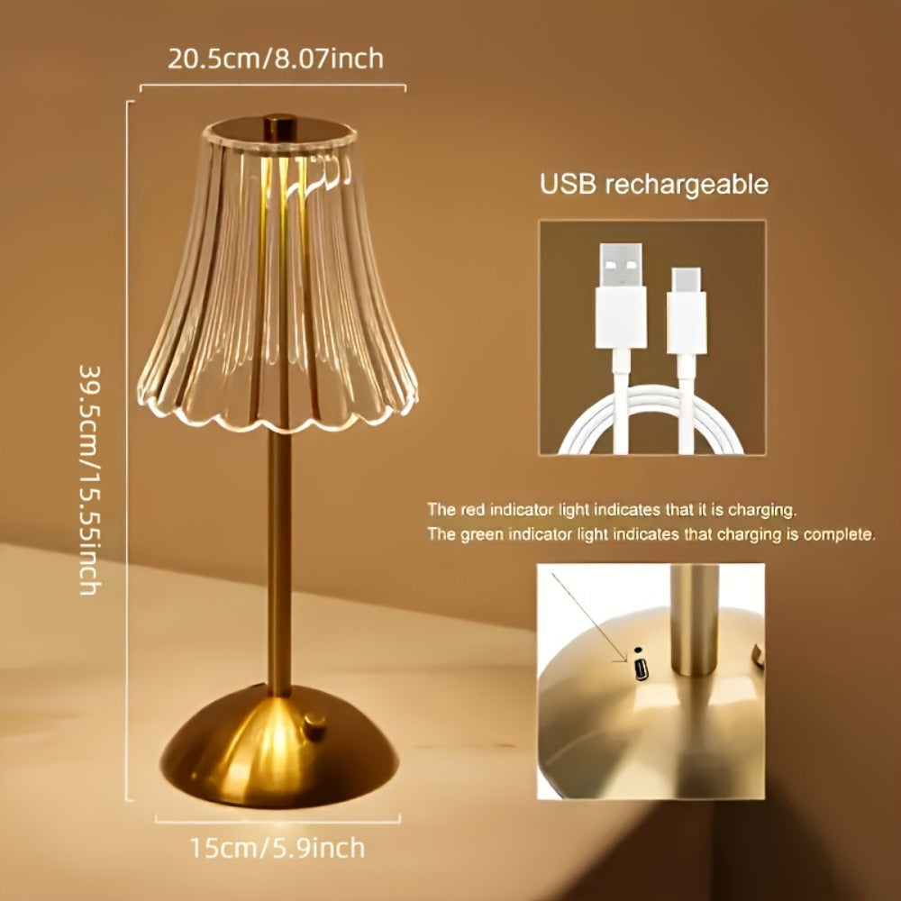 Table Lamp with Vintage Gold Pleated Acrylic Shade, USB Rechargeable Power, Three Colors and One or Two-Pack Options