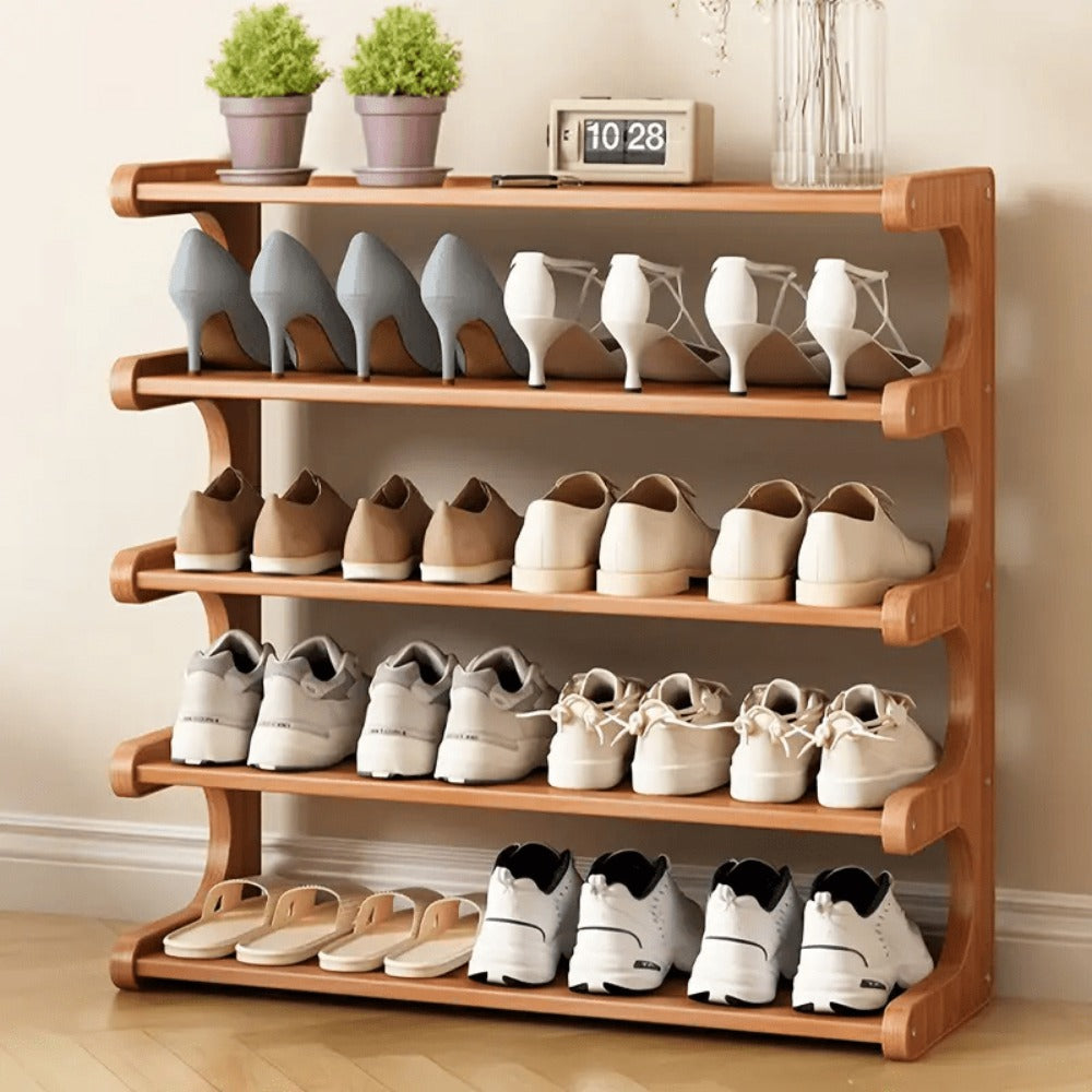 Shoe Rack 6-Layer Wood-Grain Organizer, 31.5-Inch Width with Pre-Assembled Freestanding Design