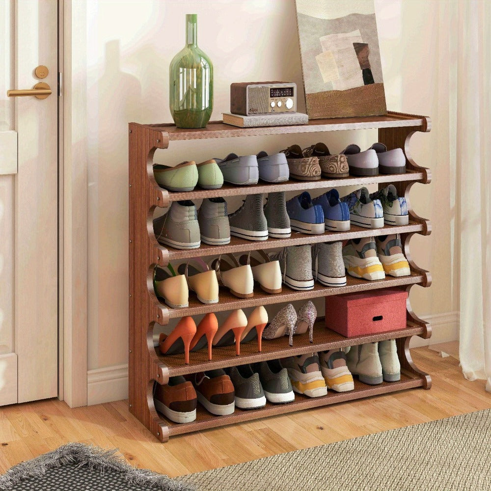 Shoe Rack 6-Layer Wood-Grain Organizer, 31.5-Inch Width with Pre-Assembled Freestanding Design