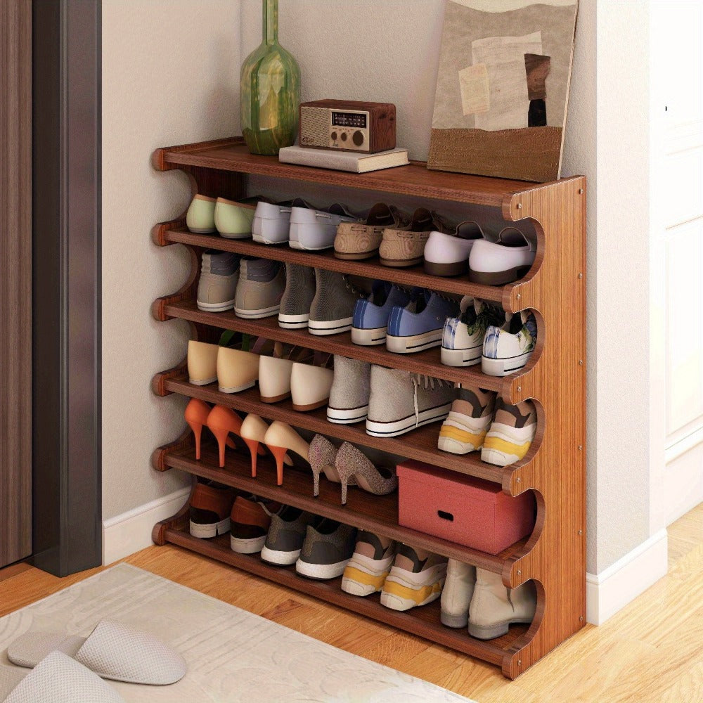 Shoe Rack 6-Layer Wood-Grain Organizer, 31.5-Inch Width with Pre-Assembled Freestanding Design