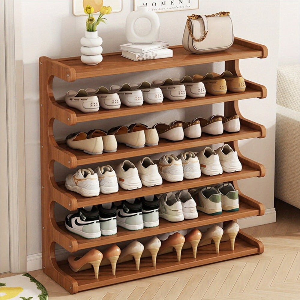 Shoe Rack 6-Layer Wood-Grain Organizer, 31.5-Inch Width with Pre-Assembled Freestanding Design