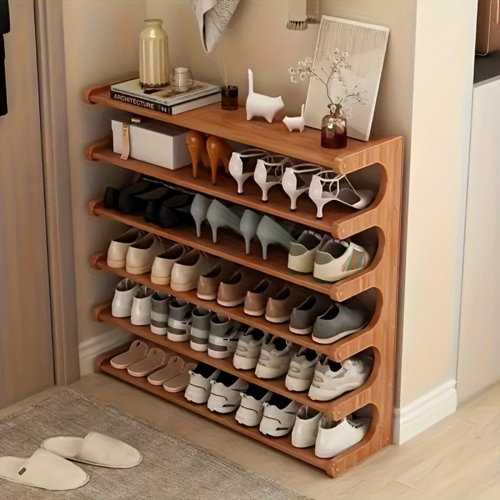 Shoe Rack 6-Layer Wood-Grain Organizer, 31.5-Inch Width with Pre-Assembled Freestanding Design