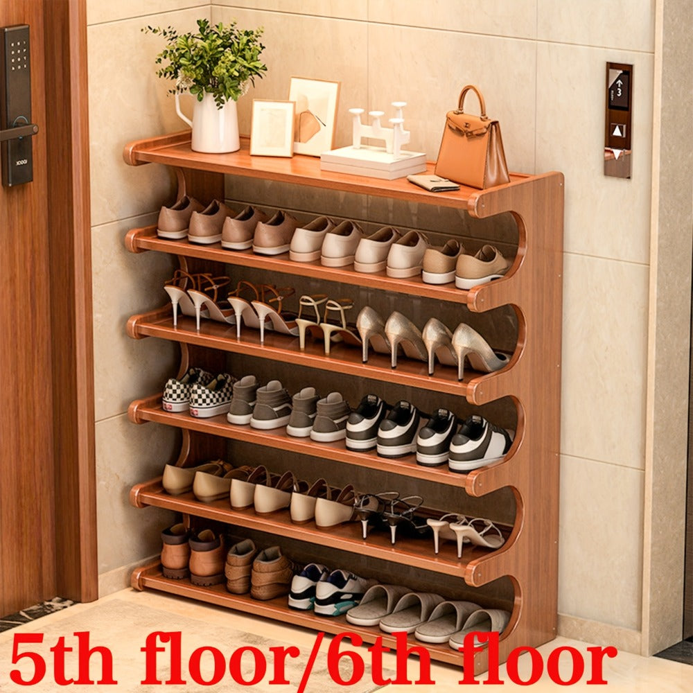 Shoe Rack 6-Layer Wood-Grain Organizer, 31.5-Inch Width with Pre-Assembled Freestanding Design