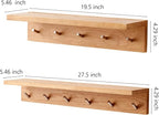 Oak Wood Wall Shelf with 5 Hooks, Entryway Shelf Coat Rack with Hooks Floating Shelves with Hooks for Clothes Hats Towel Purse Robes, Bathroom Mudroom Bedroom (20 inch)