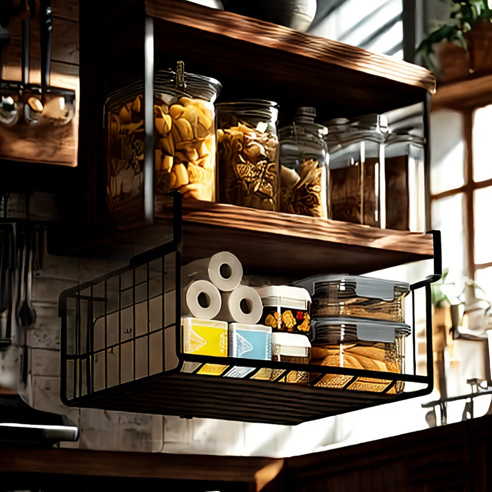 Wall Mount Foldable Storage Basket - Metal Organizer, Collapsible Space Saving for Kitchen Cabinet