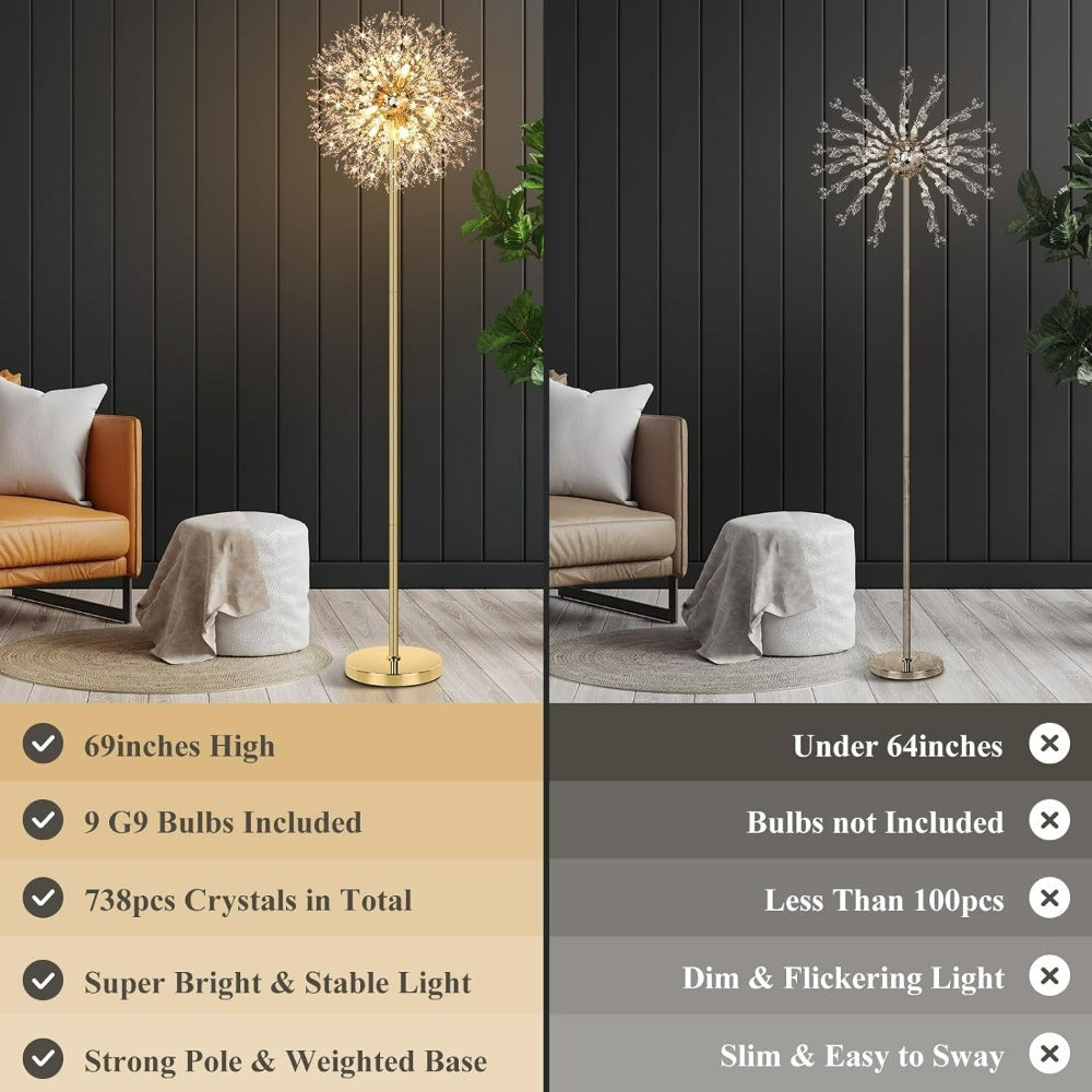 Crystal Floor Lamp Living Room 69 Inch Modern Standing Lamp, 738pcs K9 Crystals, 9 LED Bulbs, Antique Brass & Gold Finish