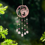 Boho Crystal Wall Hanging Decor – Handmade Stone Bead Wind Chime with Colorful Gemstone Heart & Circular Crystal Pendant for Bedroom Living Room Christmas Mother's Day Thanksgiving Gift (Purple/Pink/Green)
