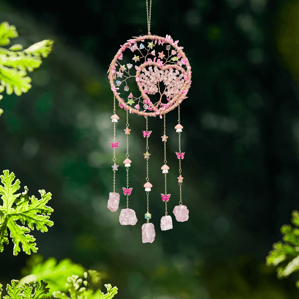 Boho Crystal Wall Hanging Decor – Handmade Stone Bead Wind Chime with Colorful Gemstone Heart & Circular Crystal Pendant for Bedroom Living Room Christmas Mother's Day Thanksgiving Gift (Purple/Pink/Green)