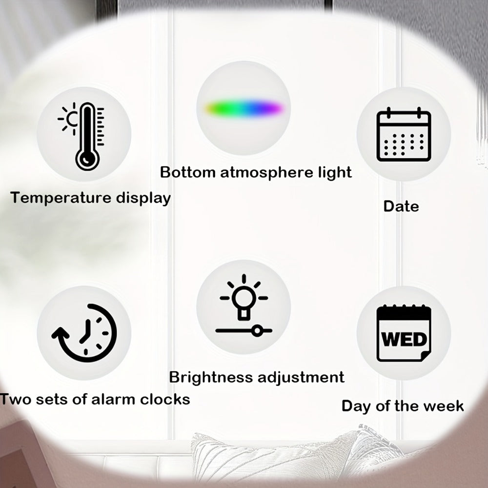 Purple-Accent LED Desk Alarm Clock with Time, Weekday and Date Display, Four Brightness Levels and USB Power