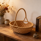 Handwoven Rattan Storage Basket with Carry Handle in Light Brown Medium Drain-Basket Format