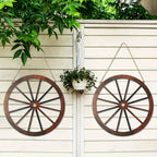 Rustic Carriage Wheel Wall Decor, Two-Piece Artificial Wood Set with Brown Grain-Look Finish and Hanging Loops
