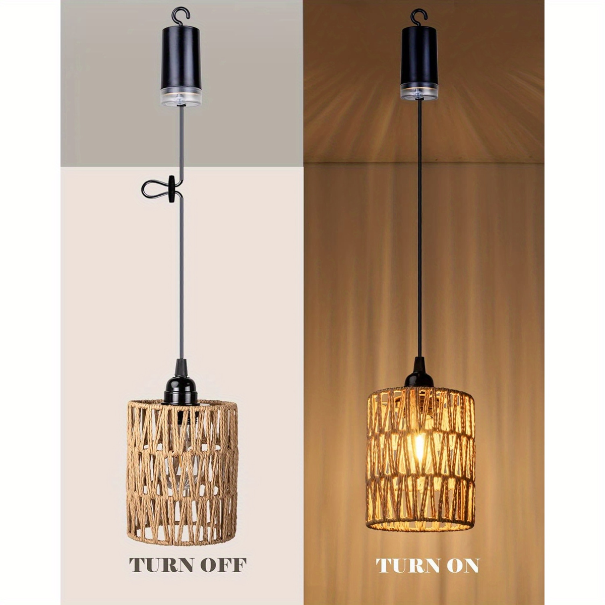 Battery Operated Pendant Light Rattan Boho Chandelier Hanging Light Warm White Bulb Wireless No-Wiring for Gazebo Pergola Porch Patio Outdoor Indoor Decor Set of 2