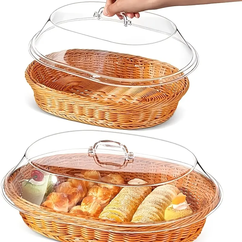 Wicker Bread Basket with Clear Acrylic Lid Rattan Storage Basket Washable Food Tray for Bread Fruit Desserts Kitchen Picnic Home Display Square Round