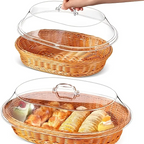 Wicker Bread Basket with Clear Acrylic Lid Rattan Storage Basket Washable Food Tray for Bread Fruit Desserts Kitchen Picnic Home Display Square Round