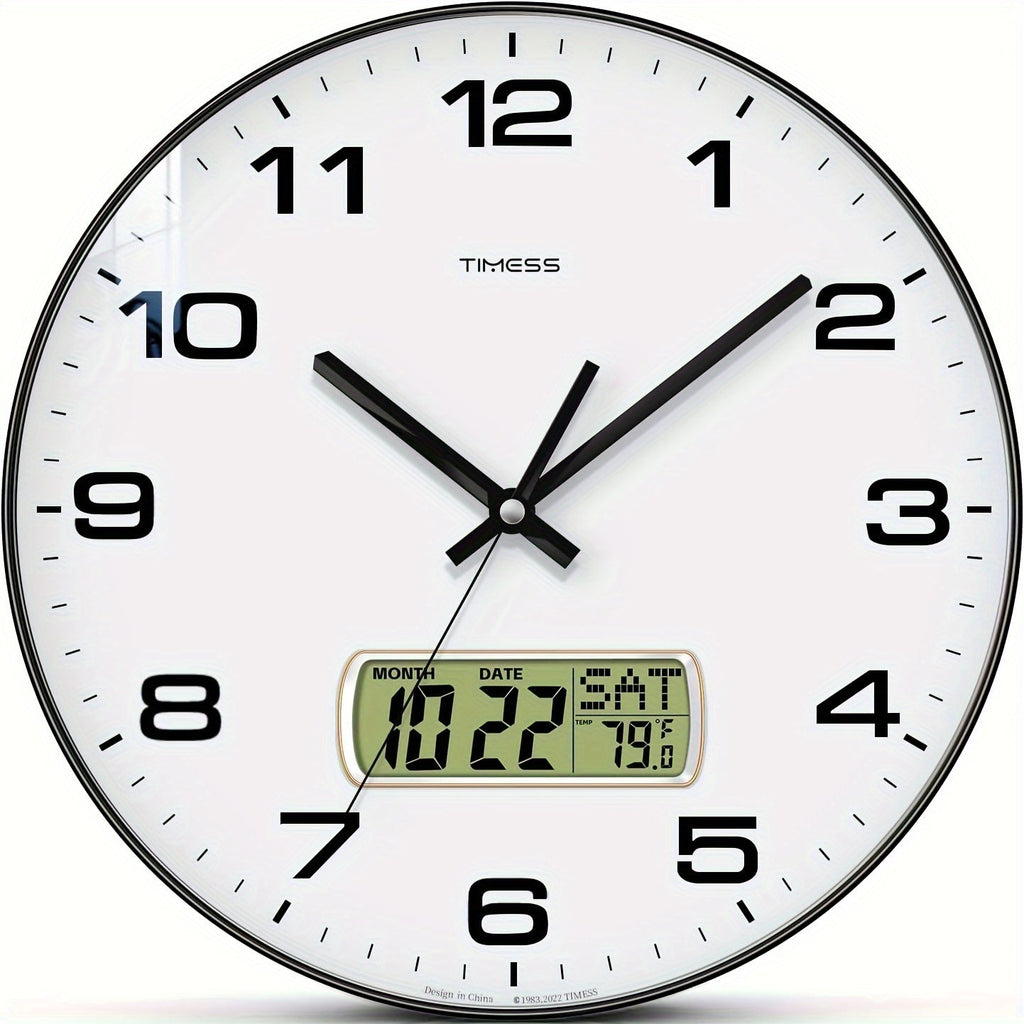 Round Analog Wall Clock with LCD Calendar and Temperature Window, Four Colors and 10- or 12-Inch Sizes