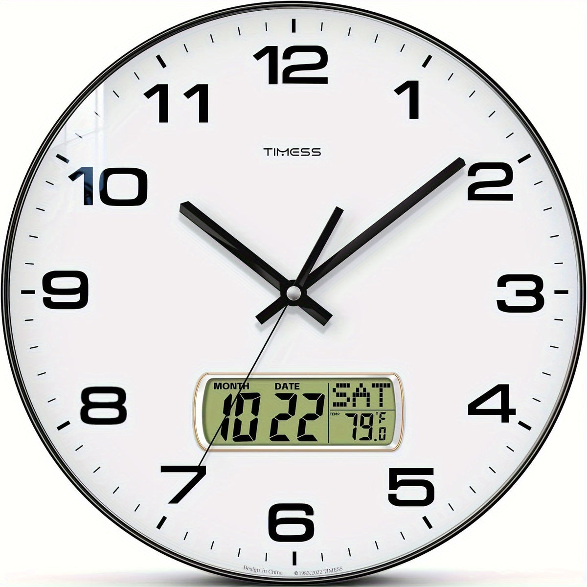 Round Analog Wall Clock with LCD Calendar and Temperature Window, Four Colors and 10- or 12-Inch Sizes