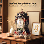 Ornate Brown-Red Tabletop Alarm Clock with Analog Dial, Decorative Pendulum Window and 14-Inch Height