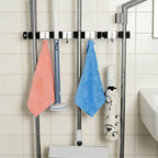 Mop and Broom Holder Wall Mount, Stainless Steel Self Adhesive Rack with 5 Slots & 4 Hooks