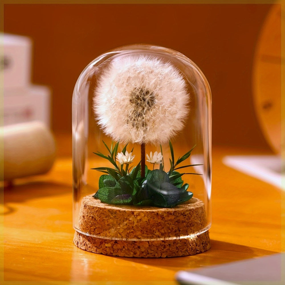 Dandelion Glass Dome Tabletop Decor with White Seed Head, Cork-Look Base, 3.2 x 2.4-Inch Size and Red or Pink Flowers