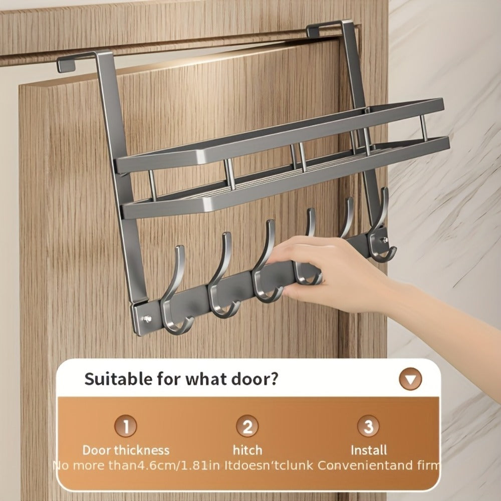 Over-Door Hook Rack with No-Drill Metal Design, Four to Six Hooks and Grey or Black Options for Home Organization