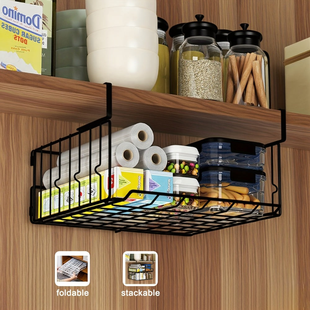 Wall Mount Foldable Storage Basket - Metal Organizer, Collapsible Space Saving for Kitchen Cabinet
