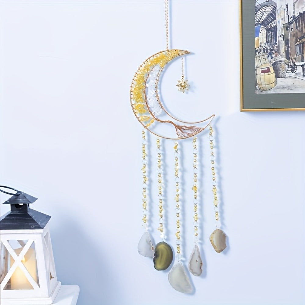 Dreamcatcher Moon Suncatcher Wall Hanging, Handmade Boho Wind Chime Pendant for Indoor Outdoor Garden