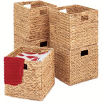 Water Hyacinth Storage Baskets 11in - Handwoven Stackable Cube Baskets for Shelves Closet Laundry, Natural Wicker Organizer Bins