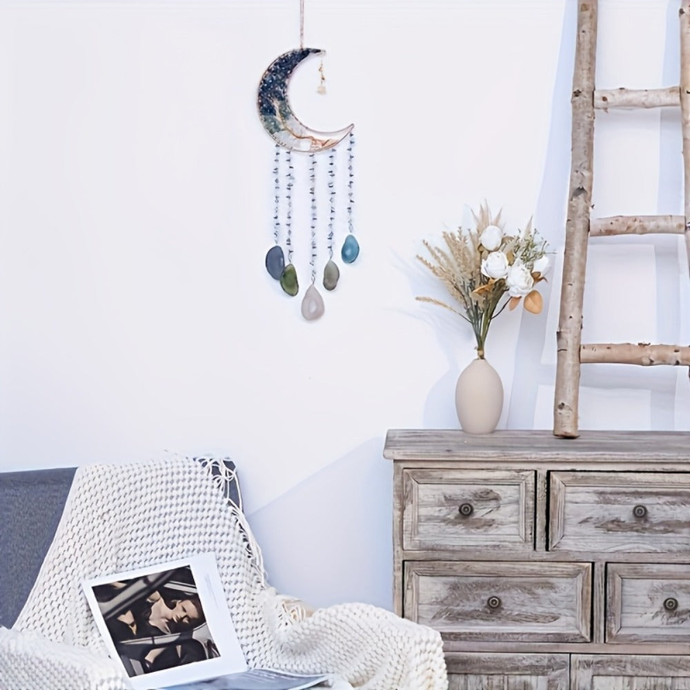 Dreamcatcher Moon Suncatcher Wall Hanging, Handmade Boho Wind Chime Pendant for Indoor Outdoor Garden