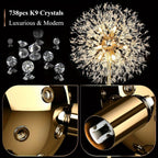 Crystal Floor Lamp Living Room 69 Inch Modern Standing Lamp, 738pcs K9 Crystals, 9 LED Bulbs, Antique Brass & Gold Finish