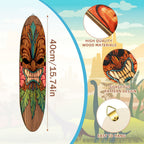 Wooden Surfboard Wall Art 15.74", Rustic Tropical Beach Decor with Hibiscus & Tiki Mask Design