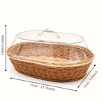 Wicker Bread Basket with Clear Acrylic Lid Rattan Storage Basket Washable Food Tray for Bread Fruit Desserts Kitchen Picnic Home Display Square Round