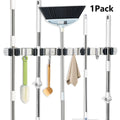 Mop and Broom Holder Wall Mount, Stainless Steel Self Adhesive Rack with 5 Slots & 4 Hooks