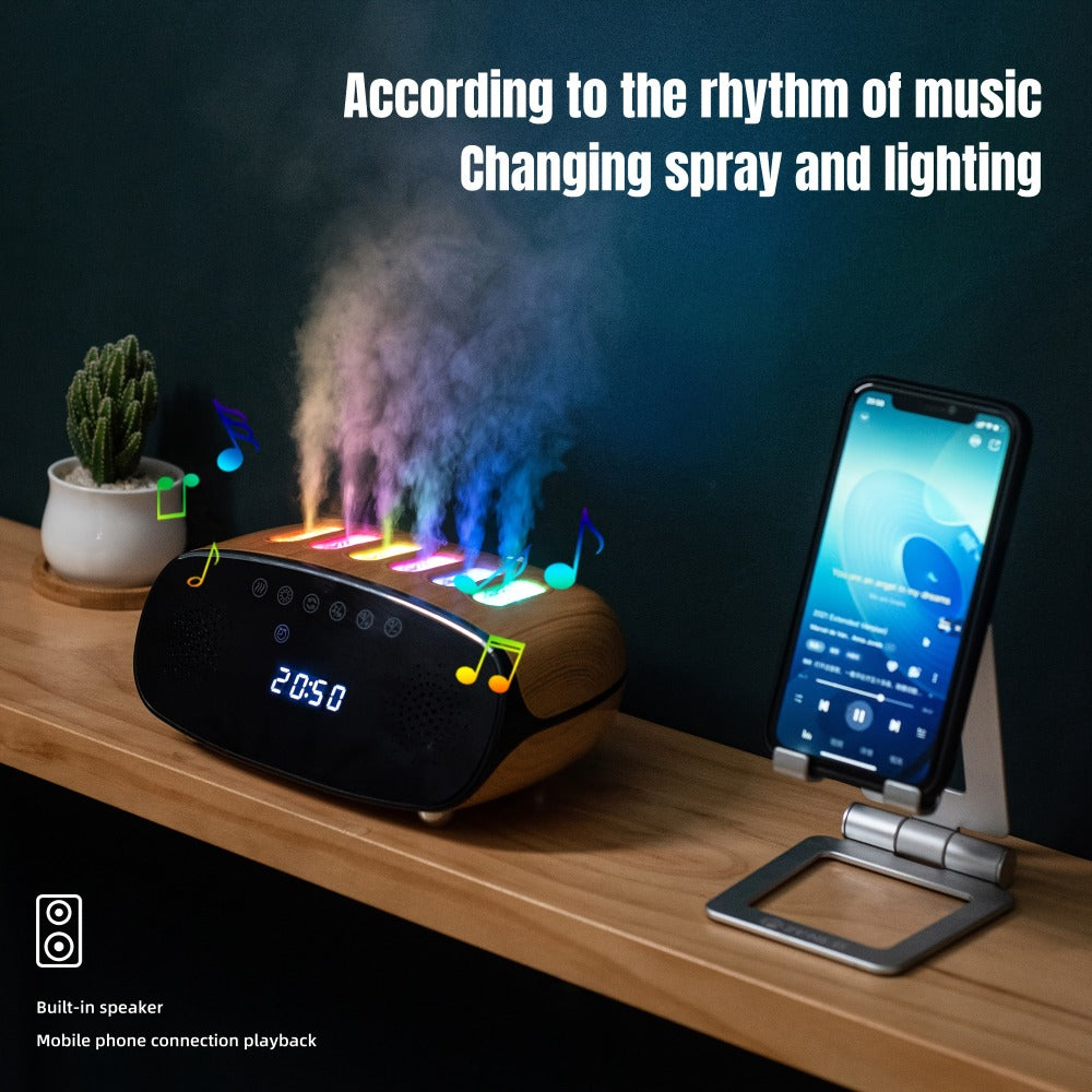 Humidifier with Bluetooth Speaker, LED Alarm Clock, Remote Control and Wood-Grain Desktop Body
