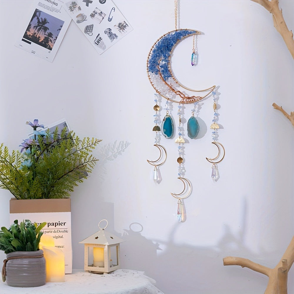 Dreamcatcher Moon Suncatcher Wall Hanging, Handmade Boho Wind Chime Pendant for Indoor Outdoor Garden