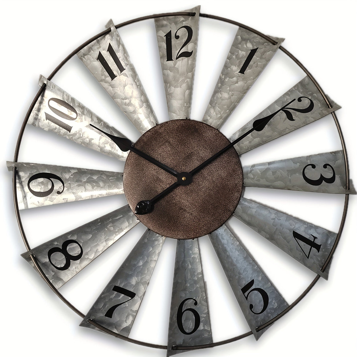 24-Inch Windmill-Style Metal Wall Clock with Galvanized-Look Silver Blades and Brown Analog Center
