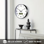 Round Analog Wall Clock with LCD Calendar and Temperature Window, Four Colors and 10- or 12-Inch Sizes