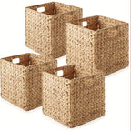 Water Hyacinth Storage Baskets 11in - Handwoven Stackable Cube Baskets for Shelves Closet Laundry, Natural Wicker Organizer Bins
