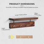 Shelf with Hooks, Solid Wood Bedroom Shelves for Wall, Wooden Coat Rack Wall Mount for Bathroom, Kitchen, Door Entryway (Walnut, 30cm/11.81inch)