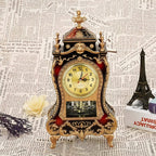 Ornate Brown-Red Tabletop Alarm Clock with Analog Dial, Decorative Pendulum Window and 14-Inch Height