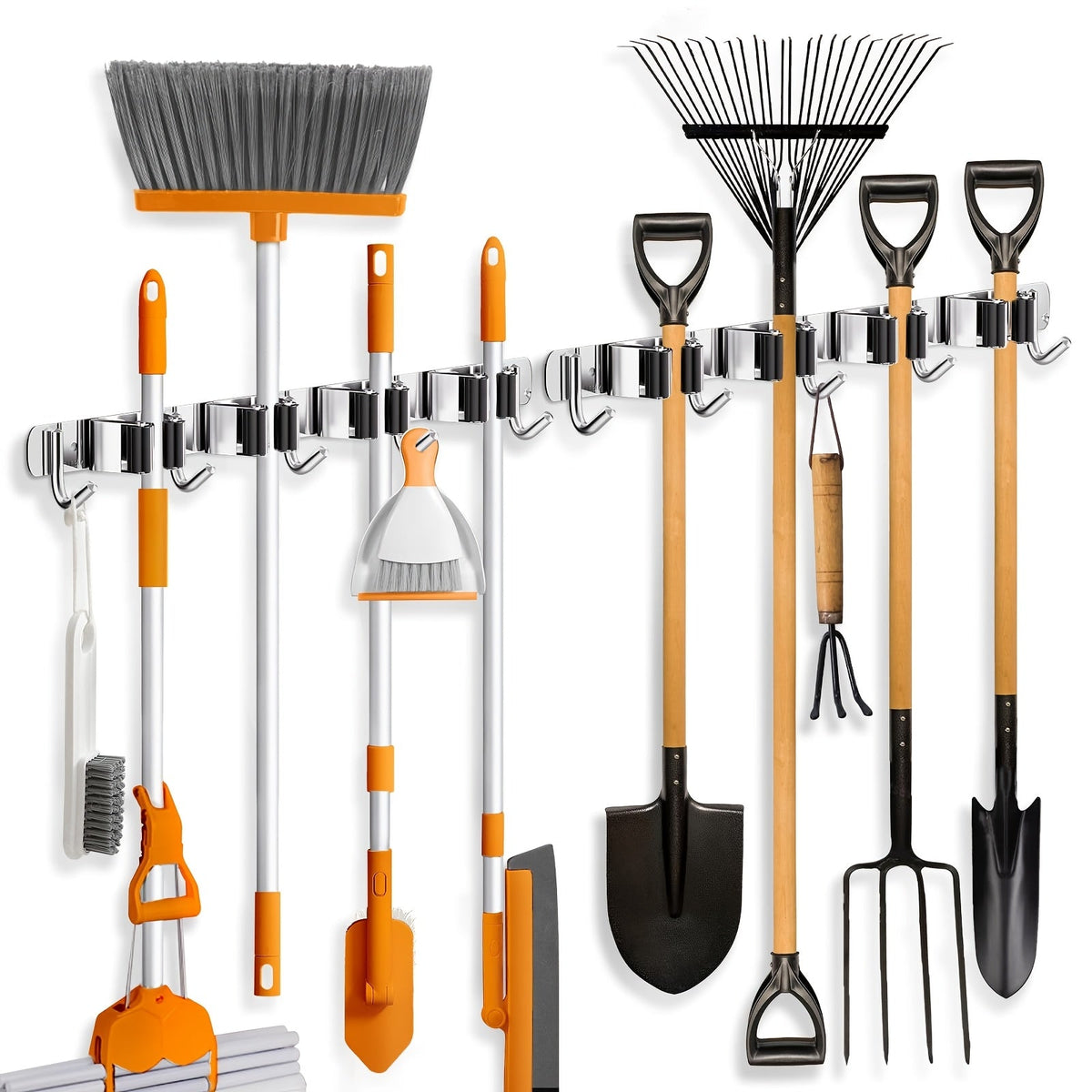 Wall Mounted Broom & Mop Holder – 304 Stainless Steel Broom Organizer with 4 Racks & 5 Hooks – Rustproof Non-Slip Wall Broom Hanger for Kitchen, Garage, Bathroom, Laundry & Closet Storage – 2 Pack