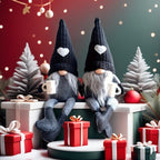 Sitting Gnome Figurine Set of Two with Long Heart-Accent Hats in Black, Khaki or Red Style Options