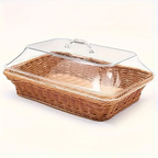 Wicker Bread Basket with Clear Acrylic Lid Rattan Storage Basket Washable Food Tray for Bread Fruit Desserts Kitchen Picnic Home Display Square Round