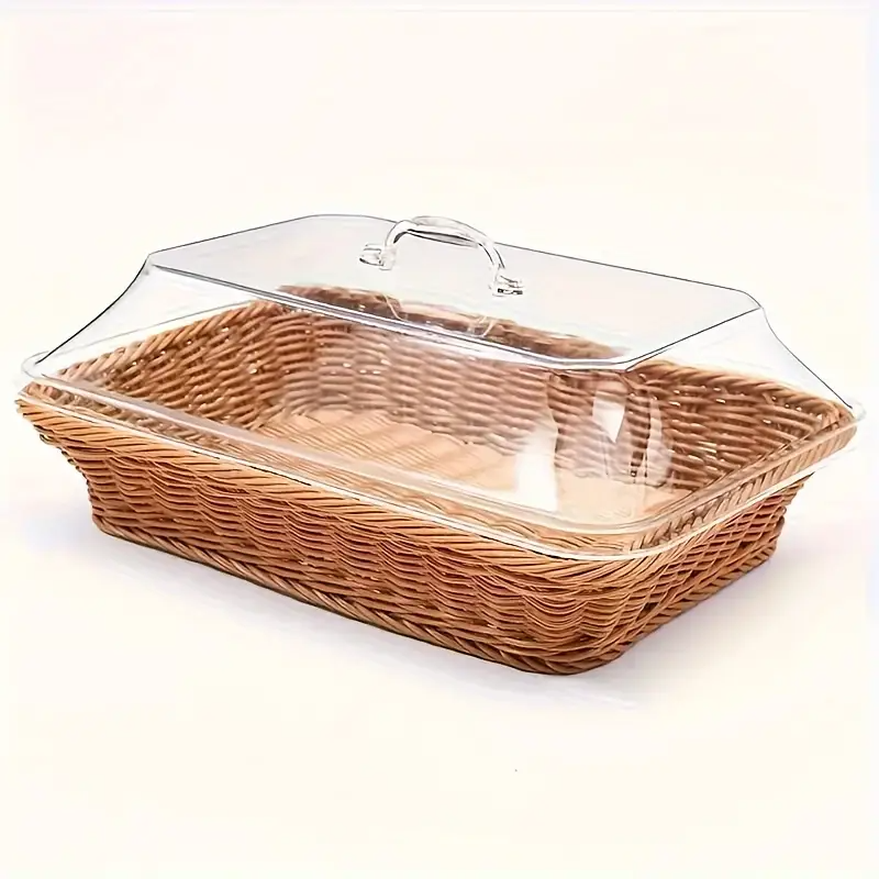 Wicker Bread Basket with Clear Acrylic Lid Rattan Storage Basket Washable Food Tray for Bread Fruit Desserts Kitchen Picnic Home Display Square Round
