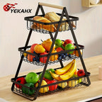 Freestanding Tiered Metal Wire Storage Basket with Wood-Tone Top Handle in Two- or Three-Tier Options