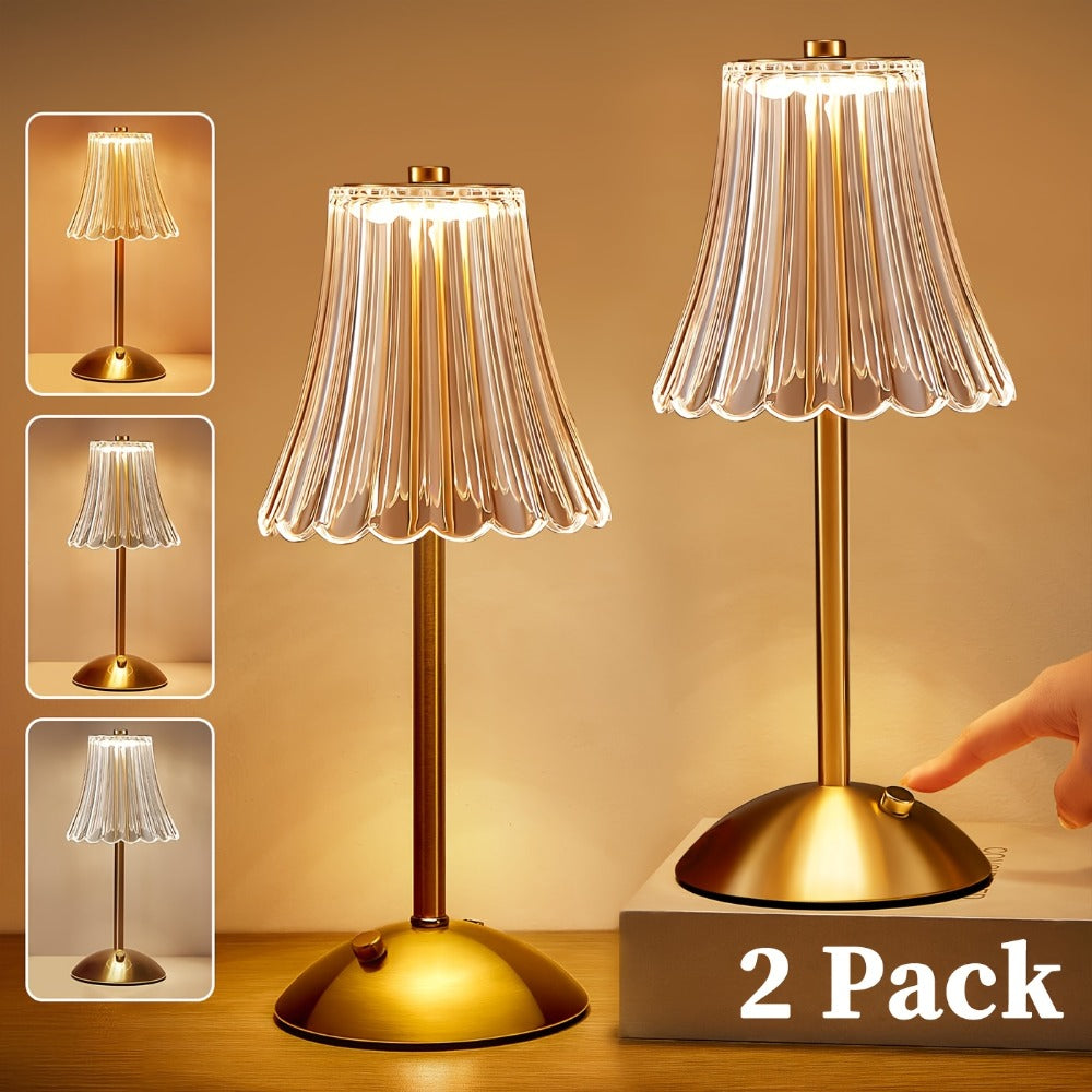 Table Lamp with Vintage Gold Pleated Acrylic Shade, USB Rechargeable Power, Three Colors and One or Two-Pack Options