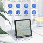 Indoor Thermometer Hygrometer Digital | Accurate Temperature Humidity Monitor with Clock & Calendar | Desktop Room Humidity Gauge for Home Office Bedroom Baby Room